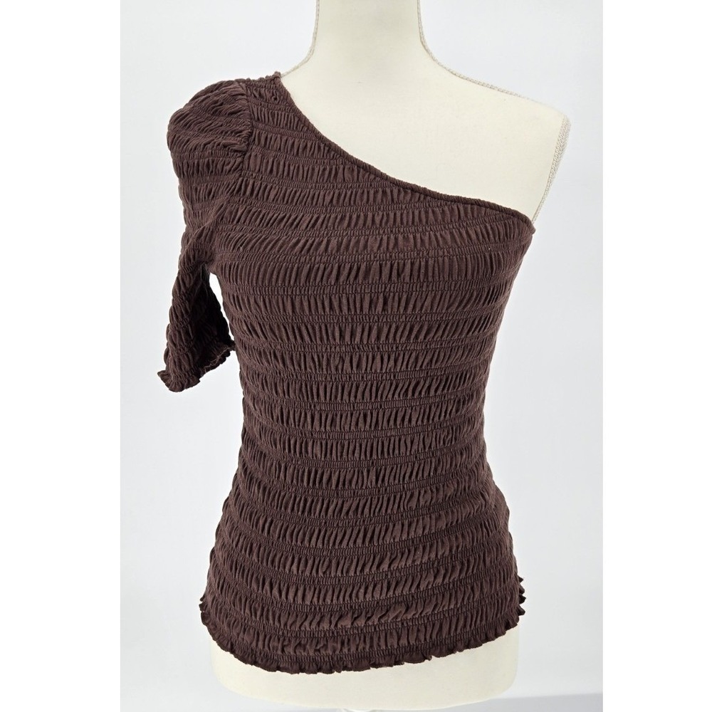 GAP One Shoulder Smocked Top Brown Stretch Short Sleeve Shirt XS‎